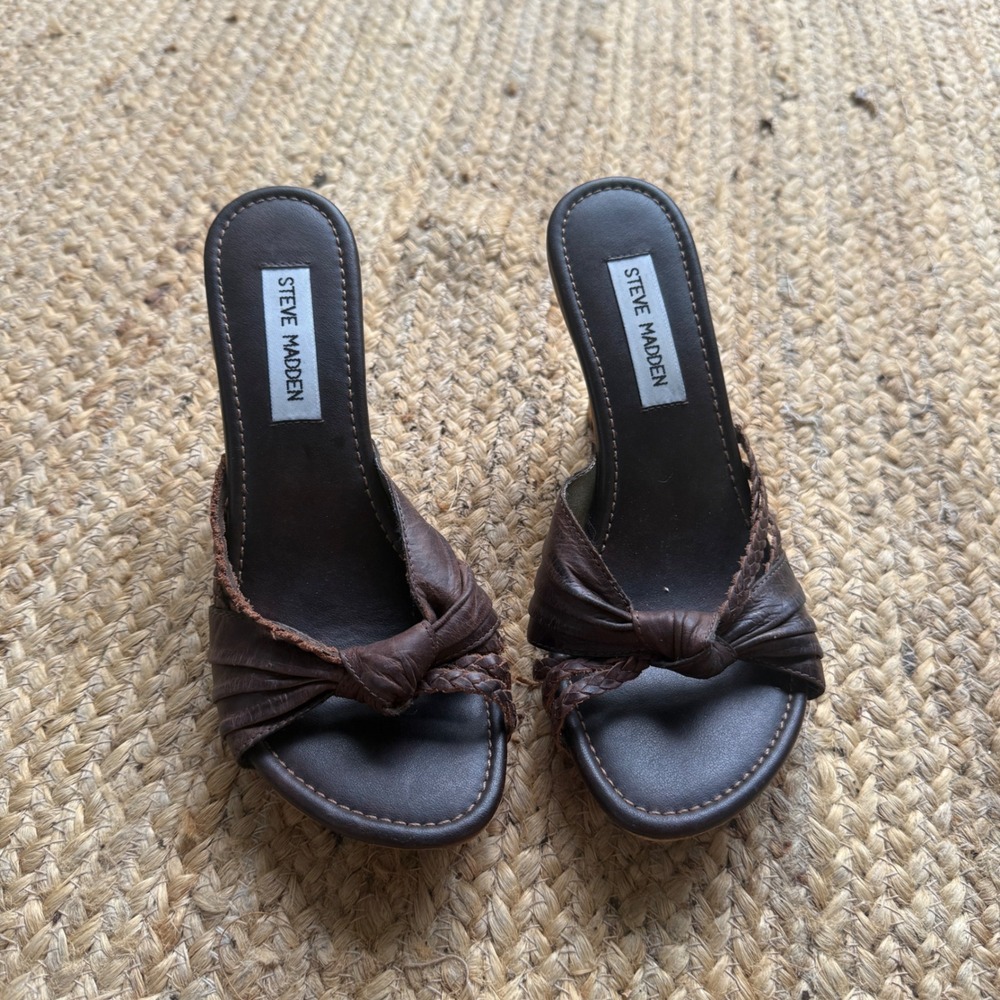 Steve Madden Lizi Brown Leather Braided Studded Wood Heel Mules Sandals 7.5M